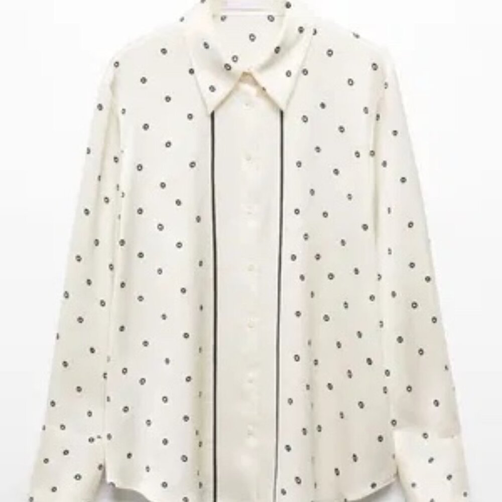 Mango | Cream and Black Satin Long Sleeve Flowy Shirt